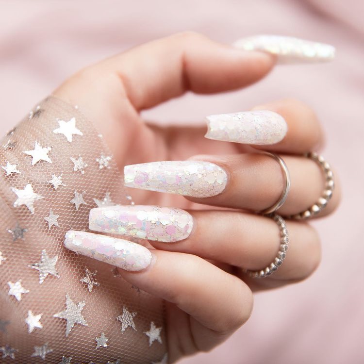 Sculpted French pink & white gel nails with multi holographic reflector  flakes- Merry Xmas | Needy Nails Taupo | Acrylics, Gel, LED, Nail Art Design