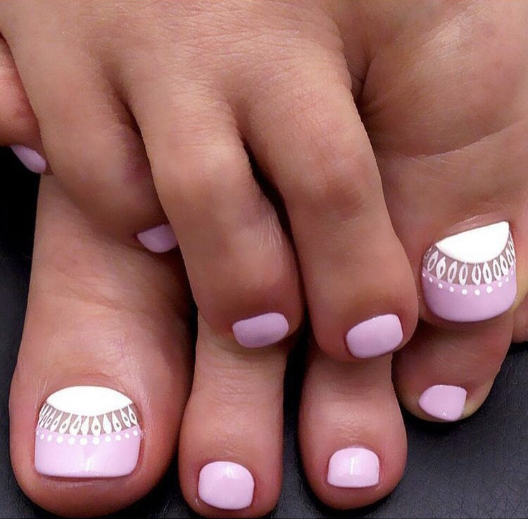 Pink summer white toe nail designs
