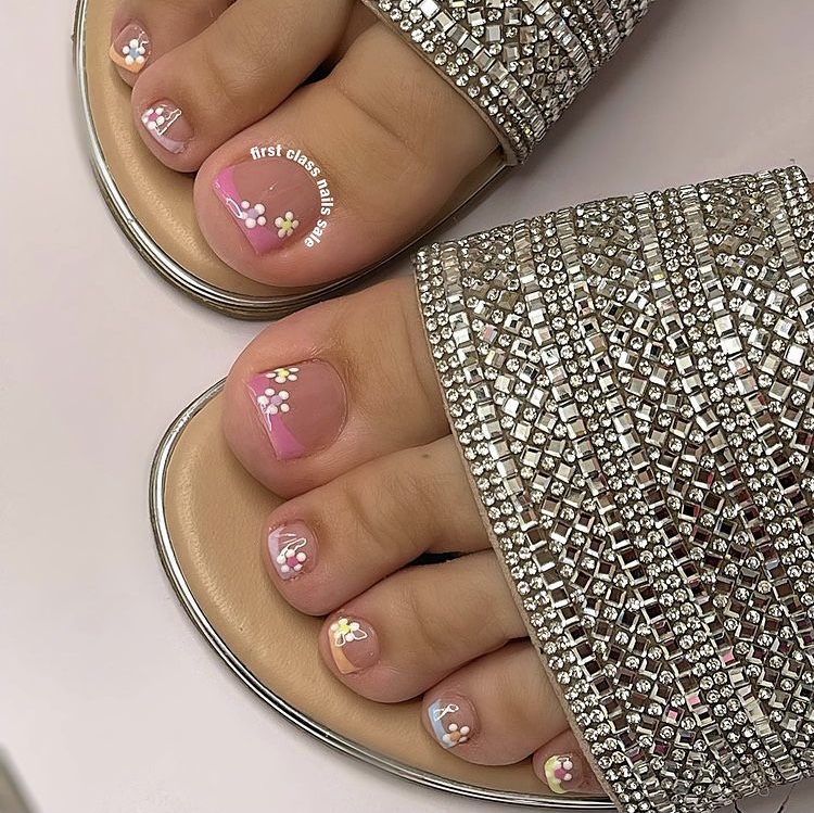 Flower french tip pedicure ideas